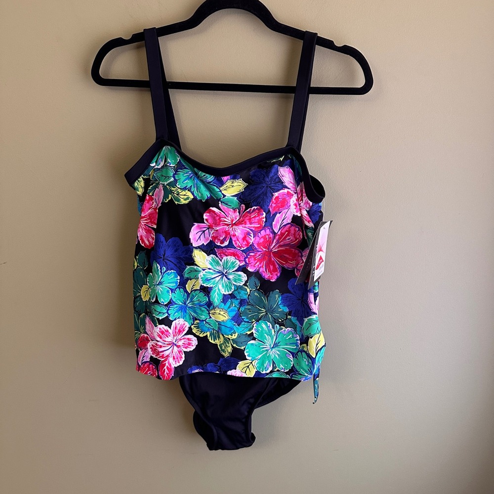 Maxine of Hollywood‎ Minimizer Bandeau One Piece Swimsuit Tropical Floral Sz 14